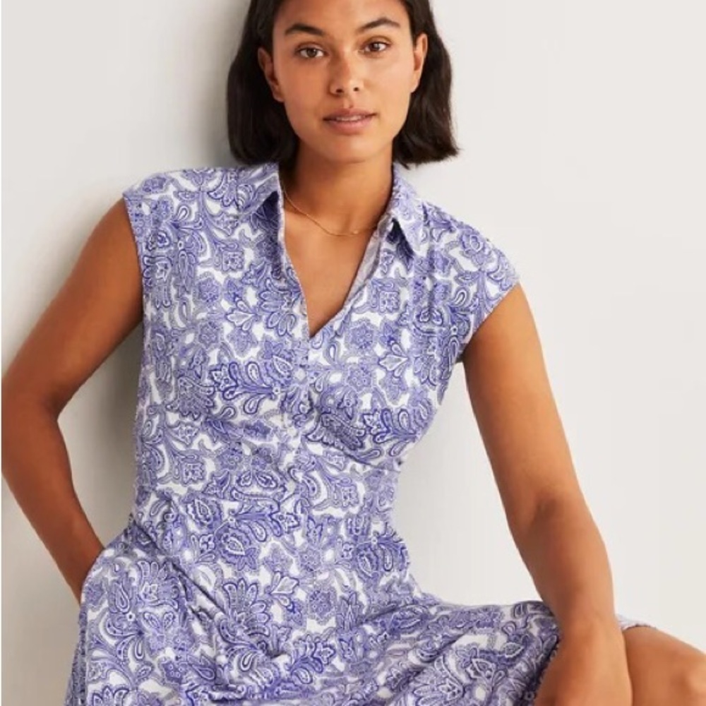 NWT BODEN TIE WAIST JERSEY SHIRT DRESS BLUE PAISLEY WOMENS 14
